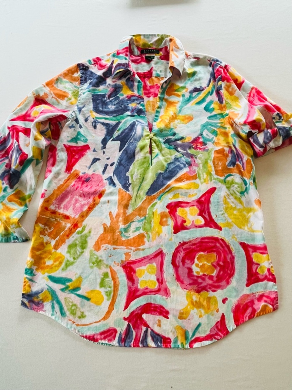 Lauren Ralph Lauren Woman Colorful Roll-Up Sleeves Floral Print Top Blouse XL